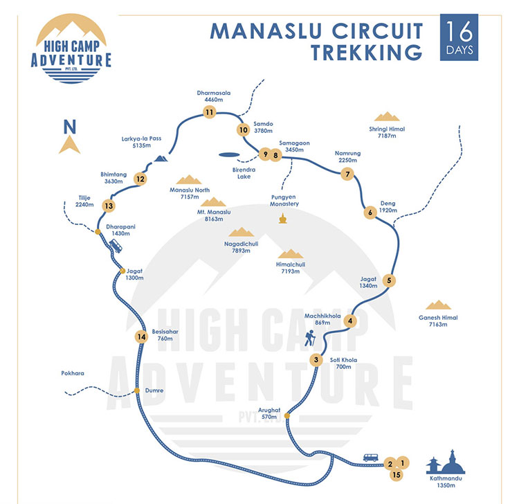 Manaslu circuit trek map
