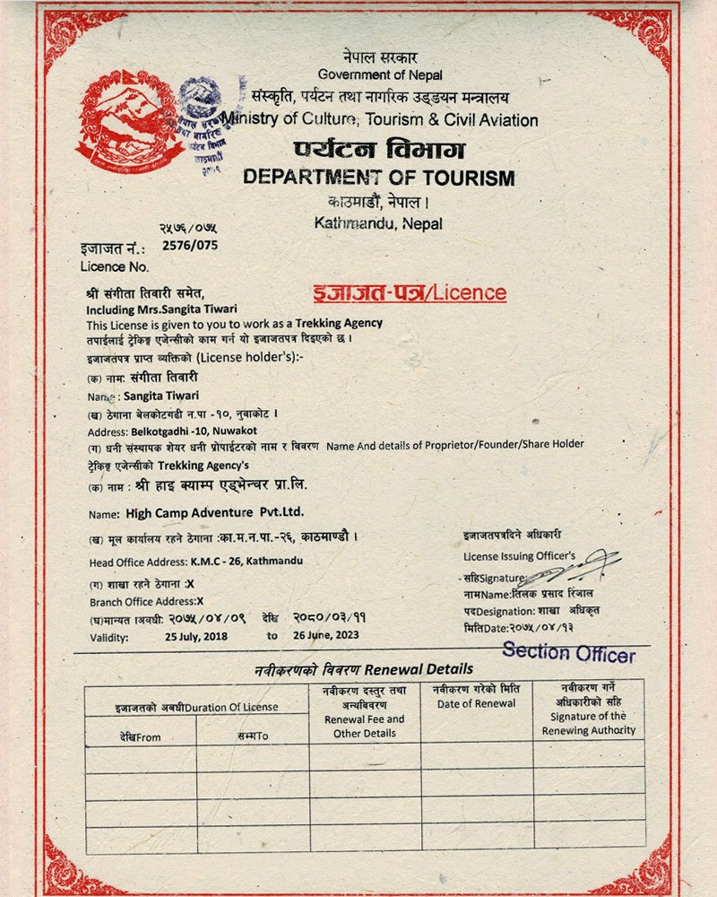 Certificate of Tourism Division